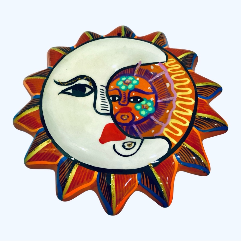 Hand-Painted Mexican Talavera Sun & Moon Eclipse Wall Hanging – Folk Art Plaque - Picture 6 of 7